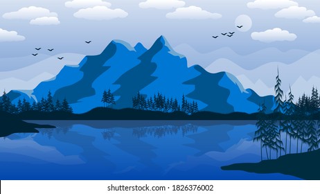 mountains, banks and conifers are reflected in the water of the bay against the background of the sky with the sun, clouds, silhouettes of flying birds. luxurious mountain landscape. vector