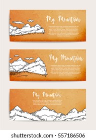 mountains banners set, mountains and snow-capped peaks for skiing