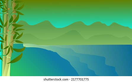 mountains and beach shades background with bamboos stick