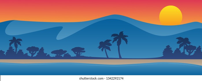 Mountains With Beach Shoreline Summer Scene Background Vector Illustration