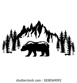 Mountains and bear icon vector. hike, travel illustration sign. wild life symbol.