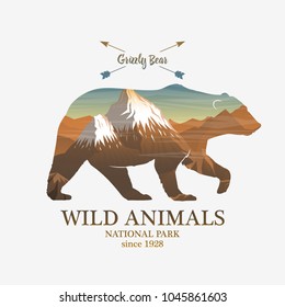 Mountains and bear, silhouette wild animal. Multiple or double exposure. Old label or badge. Journey, travel by nature. Badge or emblem, logo or label for your design.