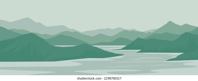 Mountains and beautiful nature in the morning and evening. Vector illustration of mountains and pine forests. Design templates.