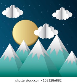 mountains between clouds with moon paper cut art. vector illustration