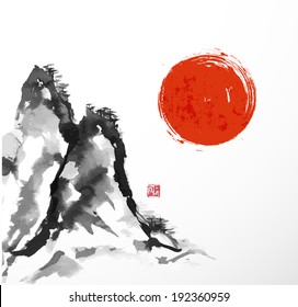 Mountains and big red sun. Traditional Japanese style sumi-e. Vector illustration. 