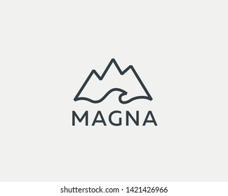 Mountains bird wave icon logo. Travel nature mount eagle vector logotype.