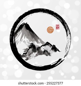 Mountains in black enso circle hand-drawn with ink in traditional Japanese style sumi-e on white glowing background. Sealed with decorative stylized stamps.
