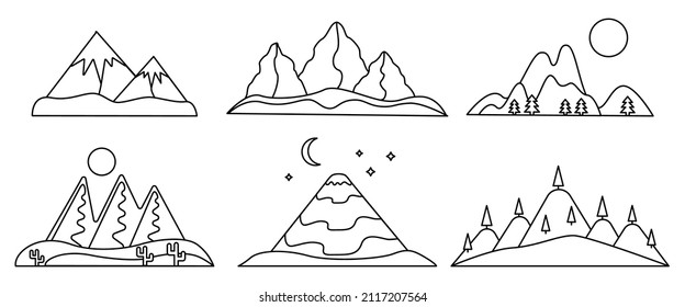 Mountains black silhouette linear contour set. Desert, snowy hill, volcano. Design for website header, banner, water bottles and products. Icons and logo objects for companies.Vector illustration