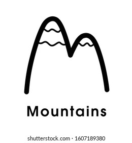 Mountains. Black and white isolated illustration of mount. Contour outline sign with mount