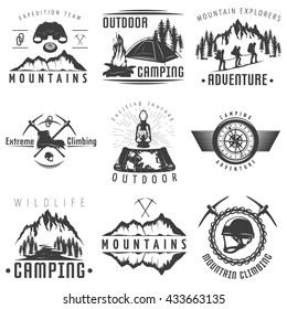 Mountains black white labels with natural landscape climbing equipment map tent bonfire compass binoculars isolated vector illustration