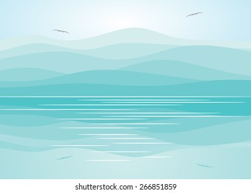  Mountains of blue color, couple of birds and reflection in water