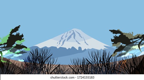 Mountains in blue. Mount Fuji. Historic Site of Japan