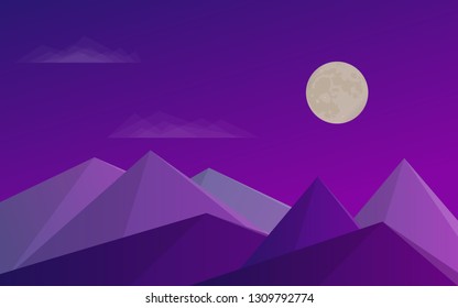 Mountains, blue sky, clouds and moon. Evening landscape Vector illustration