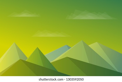 Mountains, blue sky, clouds. Morning green landscape Vector illustration
