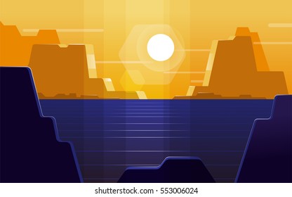 Mountains and boat - vector modern flat design conceptual landscape illustration.