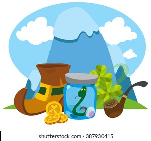Mountains, boots leprechaun, a snake in a glass jar. Attributes of St. Patrick.