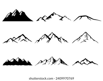 Montaje de montañas, siluetas de montaña, ilustración de vectores dibujados a mano