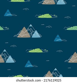Mountains and bushes. Decorative image of mountains and bushes. Seamless vector pattern on a blue background.