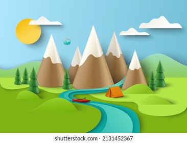 Mountains with cable car, forest, boat, tent on river bank, vector illustration in paper art style. Mountain campsite, summer camping poster template.