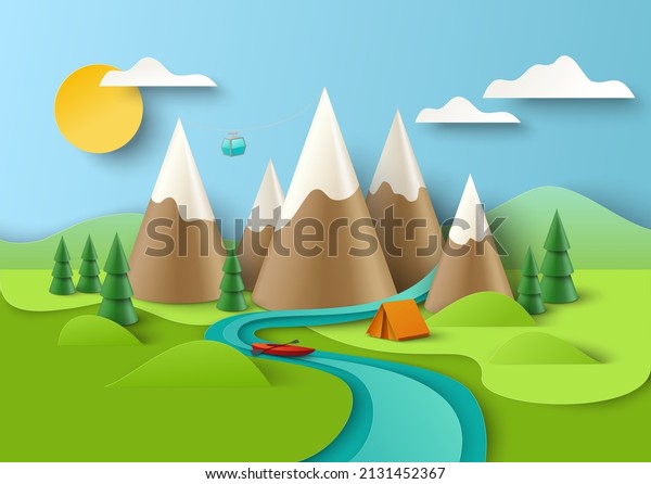 Mountains with cable car, forest, boat,\
tent on river bank, vector illustration in paper art style.\
Mountain campsite, summer camping poster\
template.