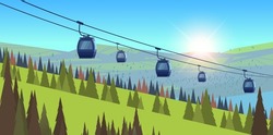 Mountains With Cableway Green Grass Pines And Fir Trees Ski Resort In Springtime Summer Vacation Concept Beautiful Landscape