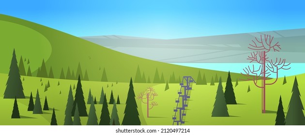 mountains with cableway green grass pines and fir trees ski resort in springtime summer vacation concept landscape background horizontal vector illustration