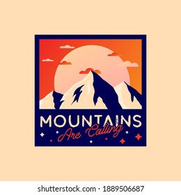 Mountains are calling badge, vector mountains, sun, cloud