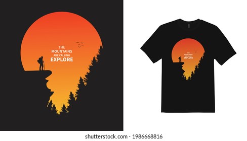 The mountains are calling explore hiking t-shirt design. Mountain illustration, outdoor adventure . Vector graphic for t shirt and other uses. Outdoor Adventure Inspiring Motivation Quote. Vector Typo