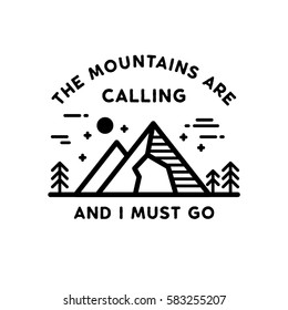 The mountains are calling and I must go badge in flat line style 