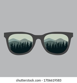 "Las montañas llaman" ilustración vectorial con gafas de sol hipster. Montañas reflejadas en gafas.