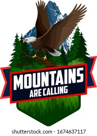 Las Montañas Están Llamando. vectorial Aventura exterior Inspiración Motivación Emblema ilustración con águila calva
