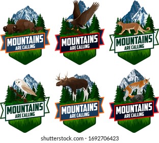 The Mountains Are Calling. vector Outdoor Adventure Inspiring Motivation Emblem logo illustration with barn owl, family of brown zubr buffalo bisons, Bald eagle, moose,  lynx and puma cougar