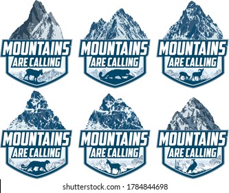 The Mountains Are Calling. vector Outdoor Adventure Inspiring Motivation Emblem logo illustration with himalayan monal, snow leopard, Rocky Mountains goat, himalayan goats, puma cougar and chamois