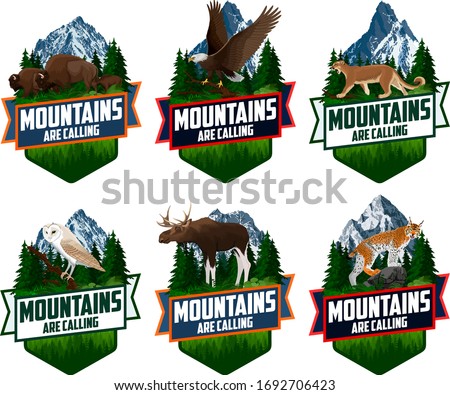The Mountains Are Calling. vector Outdoor Adventure Inspiring Motivation Emblem logo illustration with barn owl, family of brown zubr buffalo bisons, Bald eagle, moose,  lynx and puma cougar