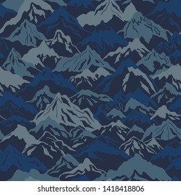 Montañas camuflaje vectorial sin fisuras en color azul. Perfecto para tejidos y tapicerías