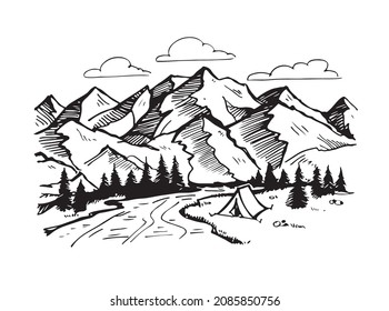Mountains camp. Illustration for poster, banner, t-shirt design.