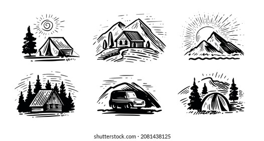 Mountains and camping concept vector. Local travel outdoor set of emblems in sketch style