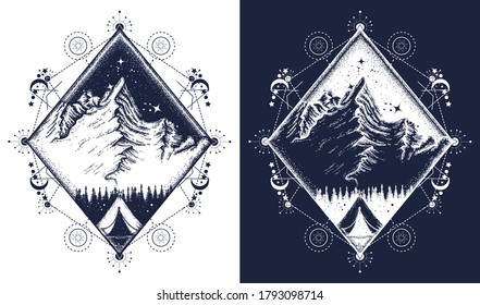 Mountains and camping tent tattoo art. Symbol of tourism, travel, adventures, meditation, climbing, camping, great outdoors. Tourism t-shirt design. Black and white vector graphics 