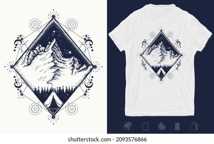 Mountains and camping tent tattoo art. Symbol of tourism, travel, adventures, meditation, climbing, camping, great outdoors. Tourism t-shirt design. Vector graphics template. Hand drawn illustration 