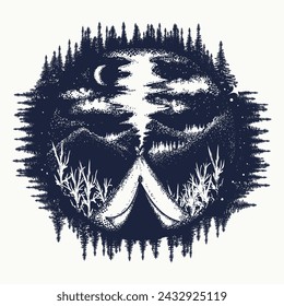 Mountains and camping tent tattoo. Symbol of adventure, tourism, meditation and great outdoors. T-shirt design concept