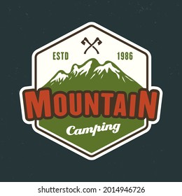Mountains camping vector emblem, sticker, label, badge or logo in colorful style