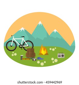 Mountains camping vector icon. There is a set of equipment for camping. The image is suitable for web and mobile apps. 