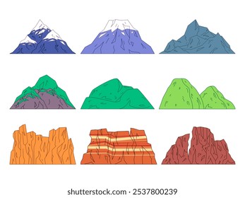 Montanhas cânion colinas penhasco neve natural inverno geleira frio deserto quente seco vale montanha turismo destino lugar escalando caminhadas conjunto colorido coleção design