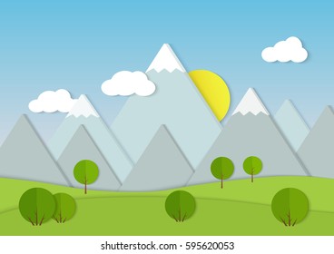 Mountains cardboard paper landscape. Green trees on field Vector illustration.