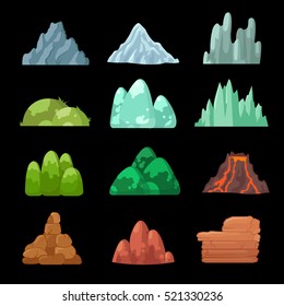 Mountains in Cartoon style, a set of mountain landscape games, vector illustration on a black background.