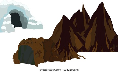 Mountains cave and snowy cave collection in vector art