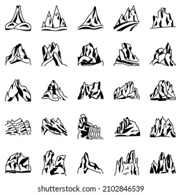 Mountains, a chain of mountain peaks, high cliffs, mountain ranges. Set of vector icons, shadows, outline, isolated. Editable stroke