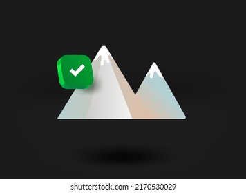 Montañas con icono de marca de verificación. 3.ª ilustración vectorial