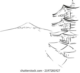 Mountains, Chinese House Vector Illustration Art.