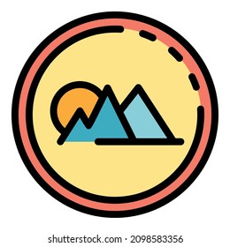 Mountains in a circle icon. Outline mountains in a circle vector icon color flat isolated